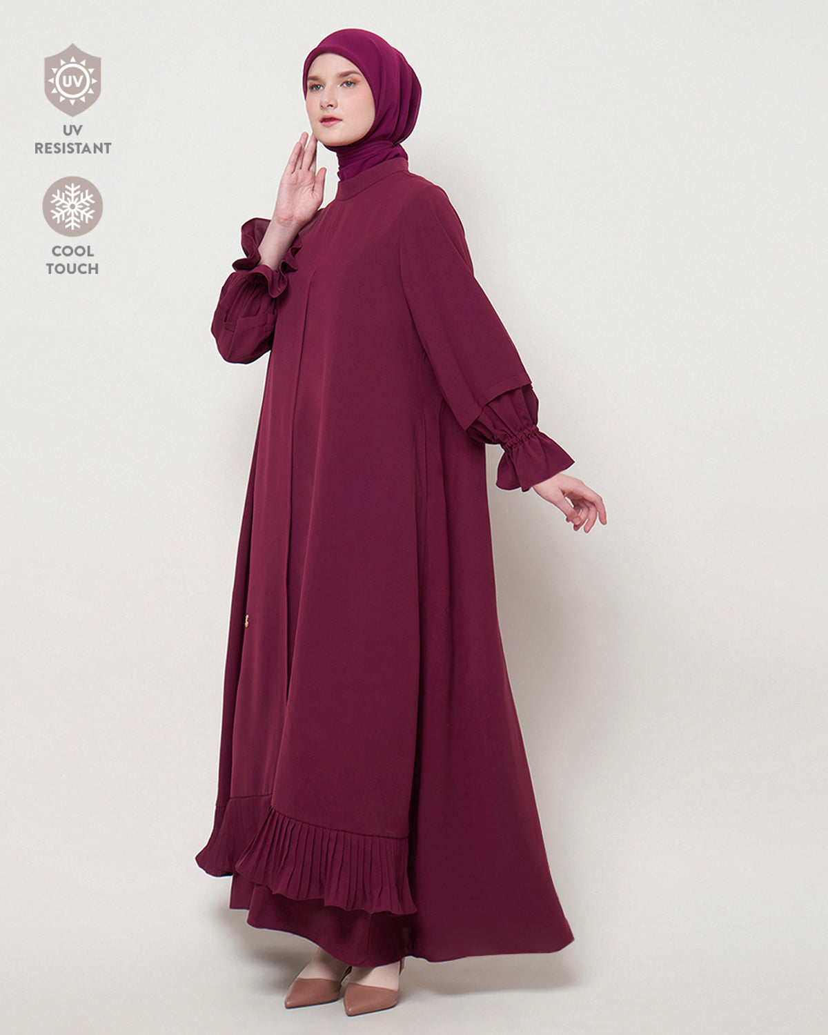 Safra - Maroon Abaya with Pleated Accent